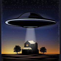 Vintage colored UFO Template with extraterrestrial spaceship abducting human from house vector illustration