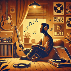 DALLE 2025 01 09 16.50.13 A warm and atmospheric illustration depicting a person sitting comfortably in a cozy room surrounded by vinyl records and a turntable. The room is so1