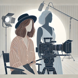 DALLE 2025 02 15 10.24.30 A minimalist and inclusive digital illustration of a female film director. She is behind a professional movie camera wearing casual yet stylish cloth1